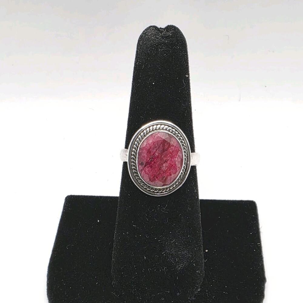 Faceted Raw Red Ruby 925 Sterling Silver Statement Ring Size 7